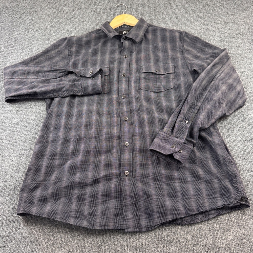 Rock & Republic Button Down Shirt Mens Large Grey Plaid Excellent Long Sleeve